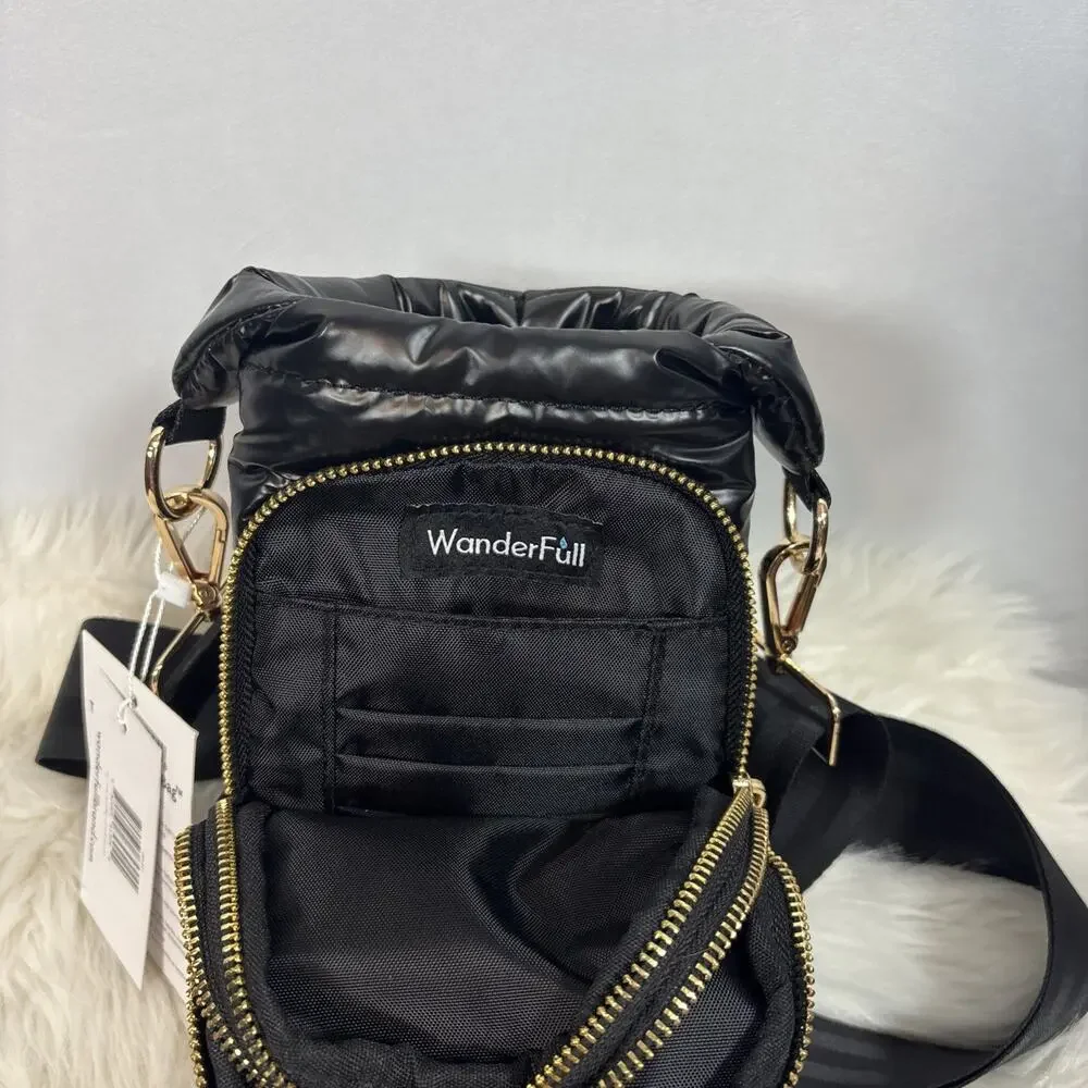 Wanderfull Hydrobag with 34oz Water Bottle Black Shiny Puffer Bag Gold Hardware